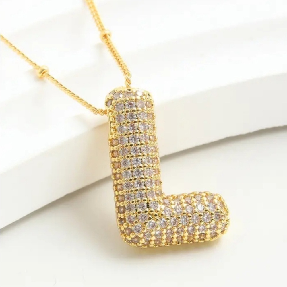 Gold Bubble Initial “L” Pendant Necklace CZ Pave Letter 18” Chain